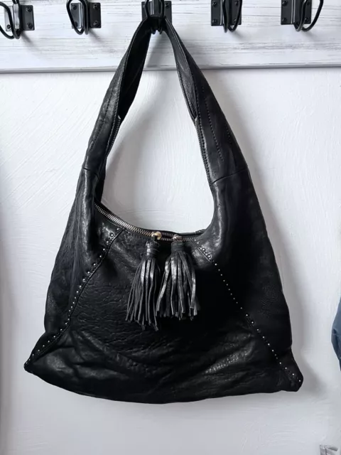 Sigrid Olsen Soft Textured Lamb Leather Studded Hobo Shoulder Bag Black