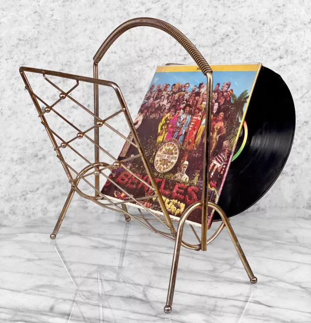 Mid-Century Modern Sculptural Gold Record Sling Magazine Rack 2