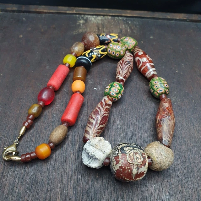Ancient Antique Feather Glass beads MALA Old glass beads Necklace