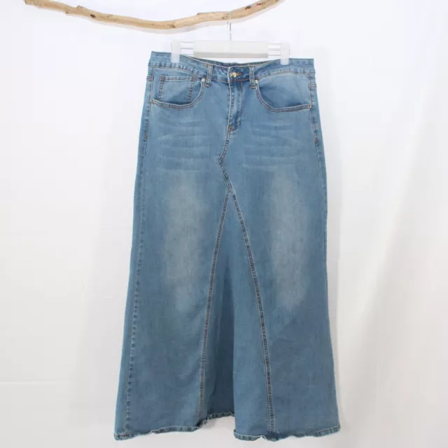 Long Modest Jean Skirt Pockets Blue Denim Maxi Skirt Size 8 M Medium Paneled