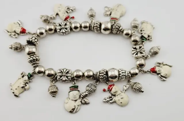 Christmas  Stretch Bracelet Silver Tone Enamel Snowman Charms & Beads #39