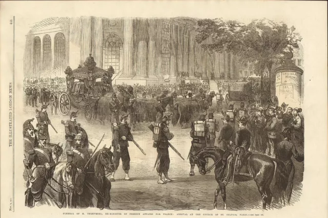 1866 orginal london illustrated print - funeral of m.thouvenel. minister- france