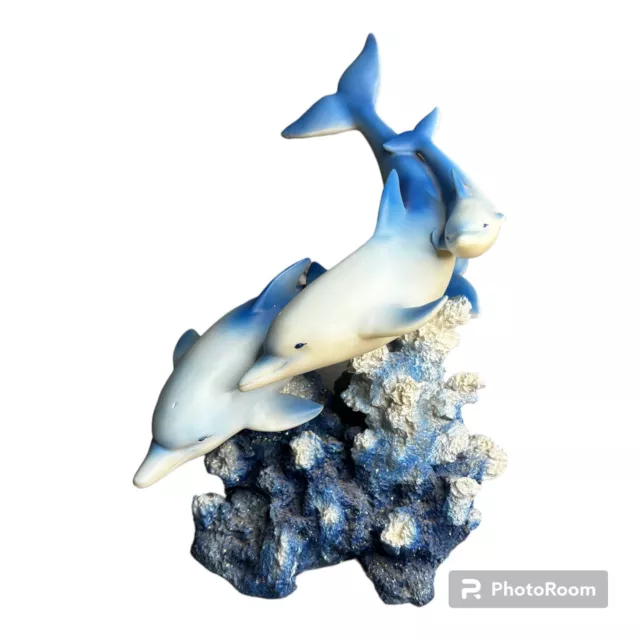 3 Blue Dolphins Swimming Around Coral Statue Sea Life Figurine Room Decor 10”