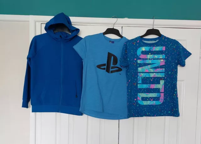 Next Boys Blue T-Shirts & Hoodie Bundle Age 11 Years Set 2 Tops & 1 Zip Hoodie