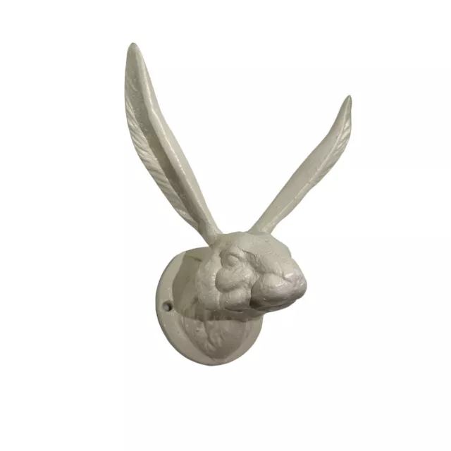 Large White Rabbit Bunny Ears Wall Hook Cast Iron Hare Towel Coat Hanger Rustic