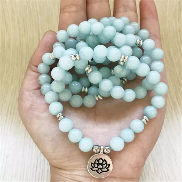 Aquamarine Gemstone mala Necklace Lotus Pendant 6mm 108 Beads Eco-Friendly