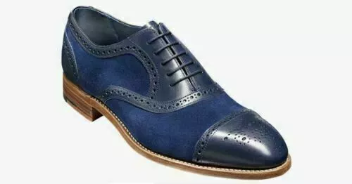 Stivali formali da uomo fatti a mano tonalità blu pelle scamosciata e pelle Oxford Wingtip nuovi