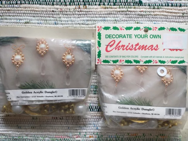 2 Vtg Merri Mac Christmas Ornament Kits Golden Acrylic Dangle Pearl Gold Beads