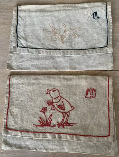 2 x Vintage French linen booklet handkerchief pocket Case Monogram MM