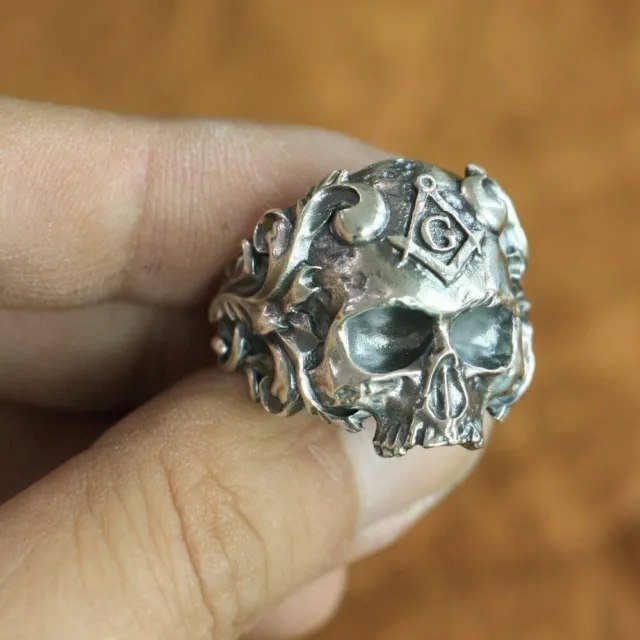 925 Sterling Silver Masonic Skull Ring Mens Biker Punk Ring TA116A US 7~15