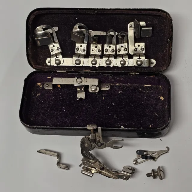 Vintage "White" Sewing Machine Attachments Metal Black Box 10 Pcs