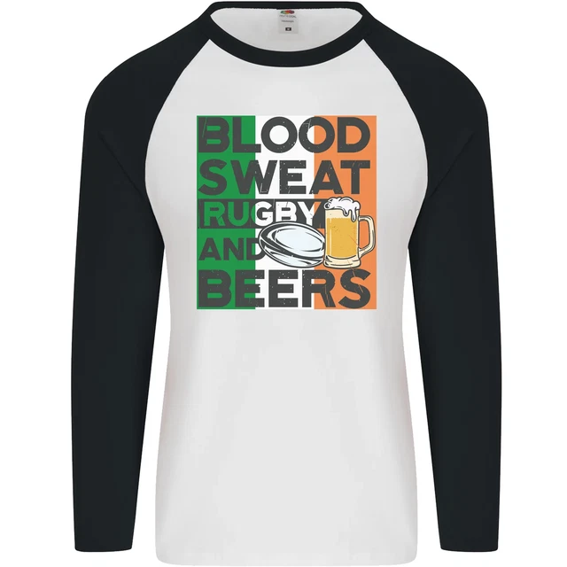 Maglietta da baseball Blood Sweat Rugby and Beers Ireland divertente da uomo L/S