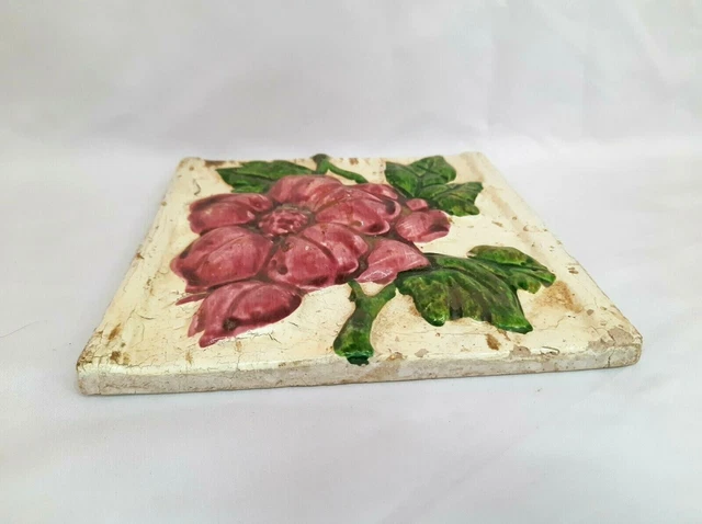 Vintage Japanese Tile Rare Antique Condition Ceramic Collectible Flower Art Tile 5