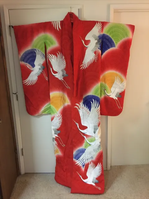 Authentic Japanese Kimono: Red With White and Silver cranes.