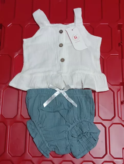 Baby Clothes Girl Summer Outifits  Shorts Tops 2 Piece Teal White 9m- 12m iT!