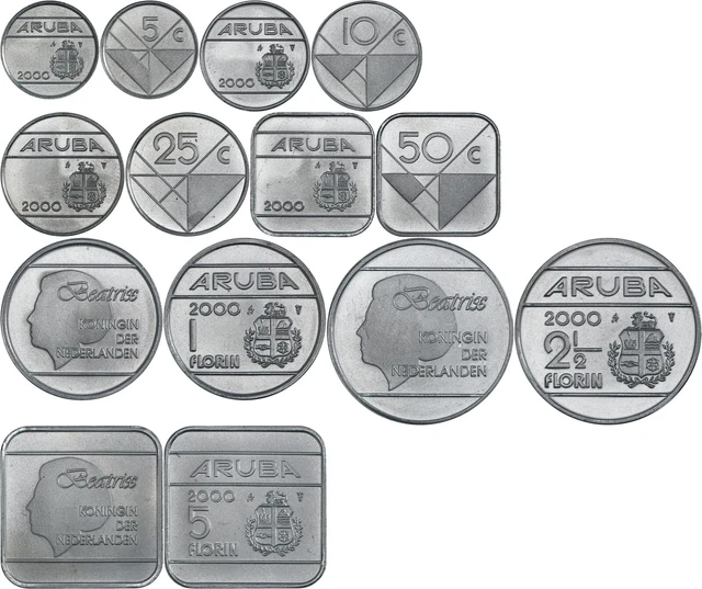 Aruba: 5, 10, 25, 50 Cents, 1, 2 ½, 5 Florin nickel plated steel 2000 - UNC