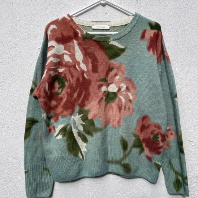 Promod Jumper Womens Small Medium Green  Pink Floral Pullover Easter Mothers Day 2