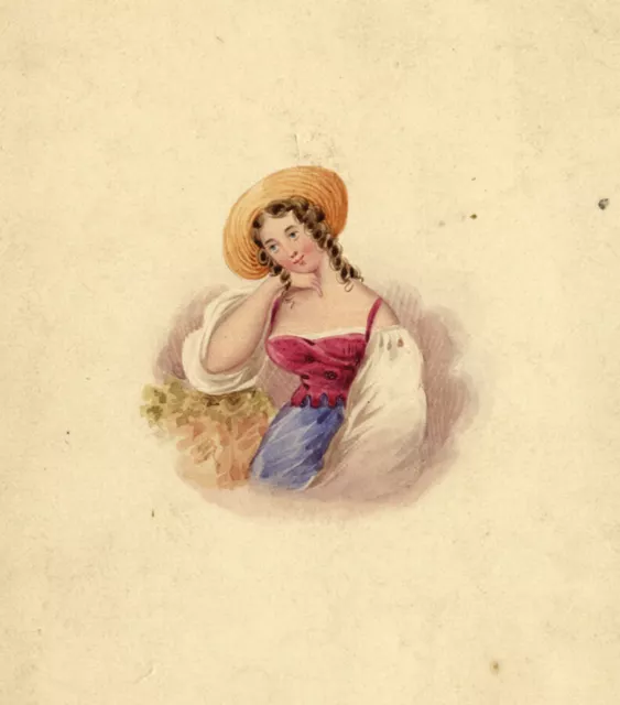 French Rustic Girl with Hat – Original 19th-century watercolour painting