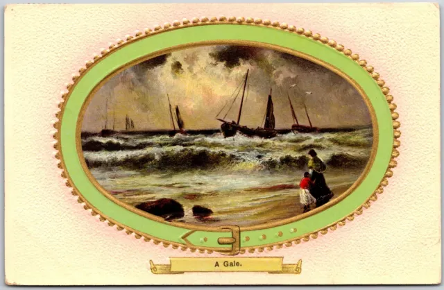 1910's A Gale Sailboats Stormy Waves Scene Green Bordered Posted Postcard