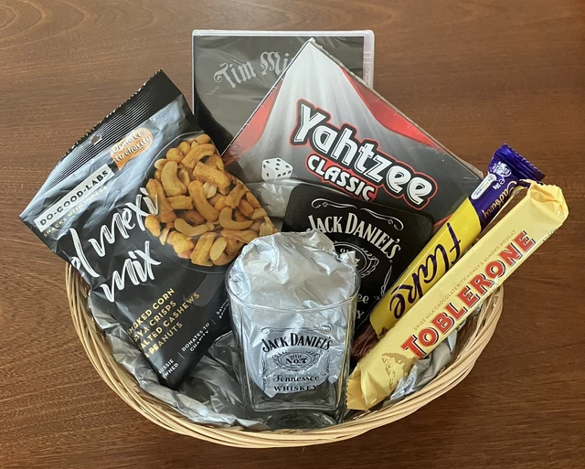 Men’s Gift Hamper - Jack Daniels Glass coaster , Yahtzee, Tim Minchin DVD