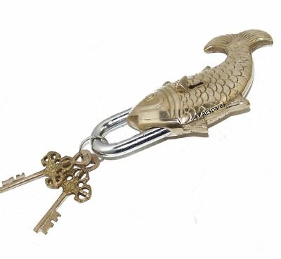 Vintage Antique Brass Fish Door Lock Lockpad + Keys Secret Lock Functional 2