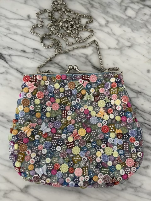 La Regale Floral Beaded Purse Evening Bag Blue Pink Butterfly Domino Vtg 70s 80s