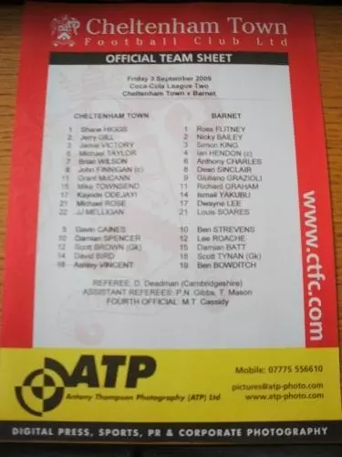 03/09/2005 Colour Teamsheet: Cheltenham Town v Barnet  . No obvious faults, unle