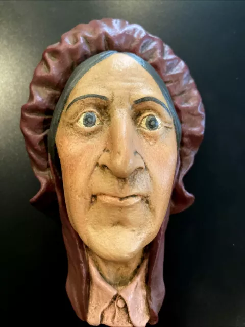 Vintage Chalkware Head Old Puritan Woman Bonet Wall Hanging Life Like Big Eyes