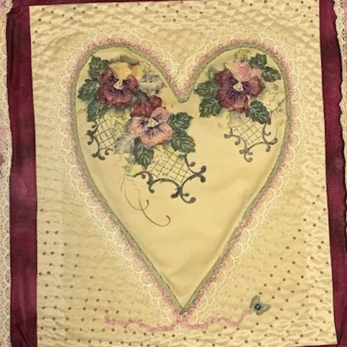 (1) Jenny Haskins Embroidery Silk Print Pansies Heart Design GOLD