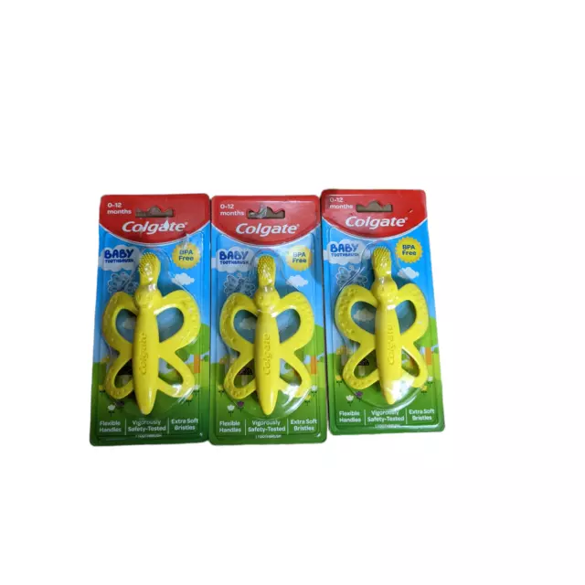 NEW Lot of 3 COLGATE Baby Toothbrush & Teether Yellow Butterfly BPA Free 0-12 mo