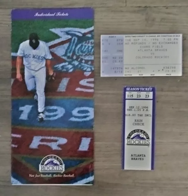 Atlanta Braves Vs Colorado Rockies 1996 Game Ticket+Rain Check+Rockies Schedule