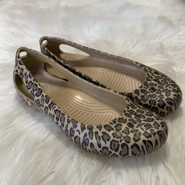 CROCS Womens Tan Brown Leopard Animal Print Kadee Comfort Ballet Flats Size 10