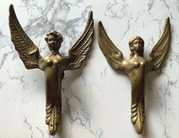 *Pair of Antique French Empire Brass Sphinx Winged Creature Furniture Pediments