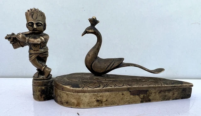 Antique Old Rare Brass Hindu God Krishna & Peacock Figure Holy Kum Kum Tikka Box