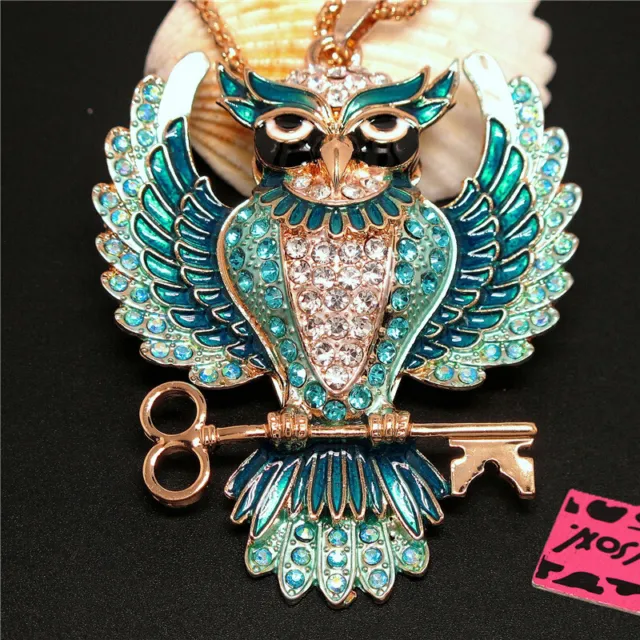 New Blue Enamel Rhinestone Cute Owl Key Crystal Pendant Betsey Johnson Necklace
