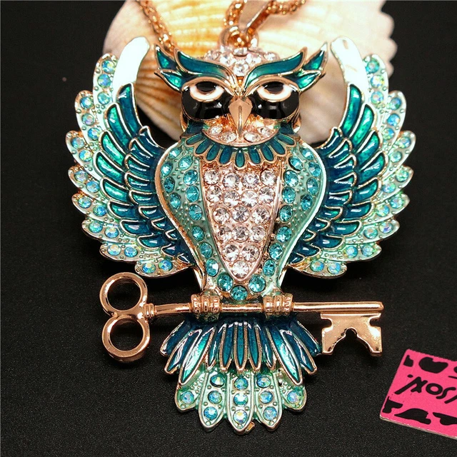 New Blue Enamel Rhinestone Cute Owl Key Crystal Pendant Betsey Johnson Necklace