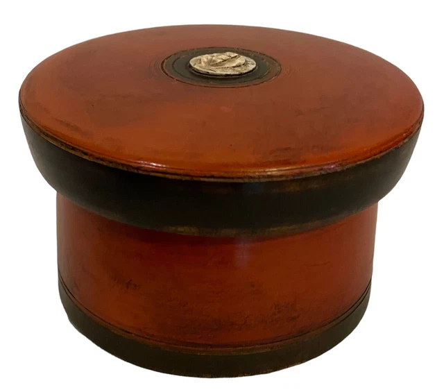 Antique Wooden Brown Black Round Fine Lacquer Handcrafted Lidded Pill Powder Box