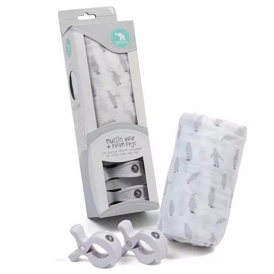 All4Ella Muslin Wrap Penguin & 2 Pram Pegs White