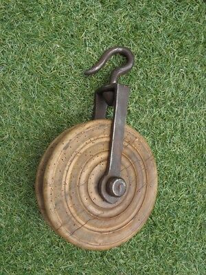 Antique primitive Wheel Pulley well Wrought iron hand old wood Campaign country