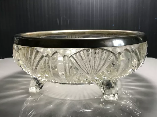 Vintage Art Deco Shell Fan Design Clear Art Glass Footed Silver Plated Rim Bowl