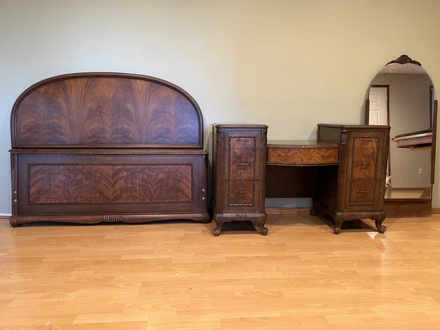 Antique Matching Bedroom Set Headboard, Footboard, Vanity with Mirror