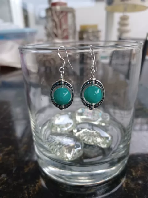 Lovely Teal Mashan Jade Ornate Framed Earrings. Sterling Silver Hooks.