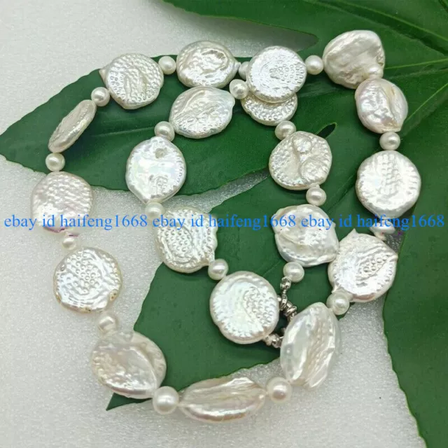 Natürlich 20mm Große Barocke Münze Perle & Weiß Süßwasser Perle Halskette 18" 2