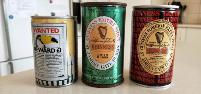 GUINNESS 'WANTED REWARD,' GREEN EXPORT STOUT & MALAYSIAN FOREIGN EXTRA Beer Cans