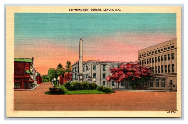Monument Square Street View Lenoir North Carolina NC UNP Linen Postcard V9