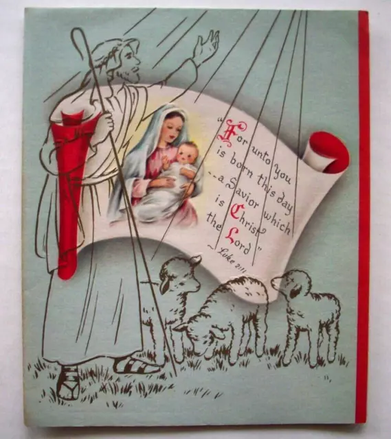 Mary Jesus Shepherd lambs embossed vintage Christmas Greeting card *V7