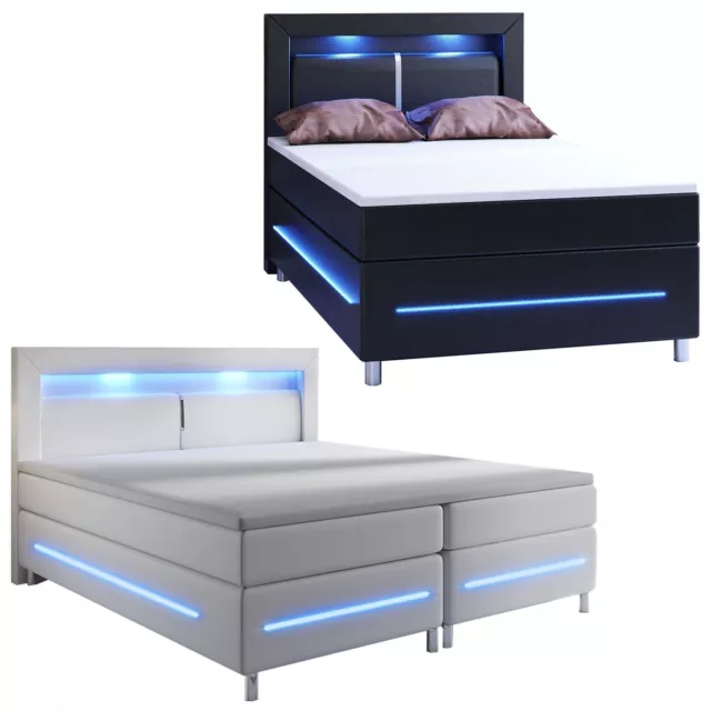 Boxspringbett Hotelbett Ehebett LED Topper Federkern Kunstleder Bett Juskys®