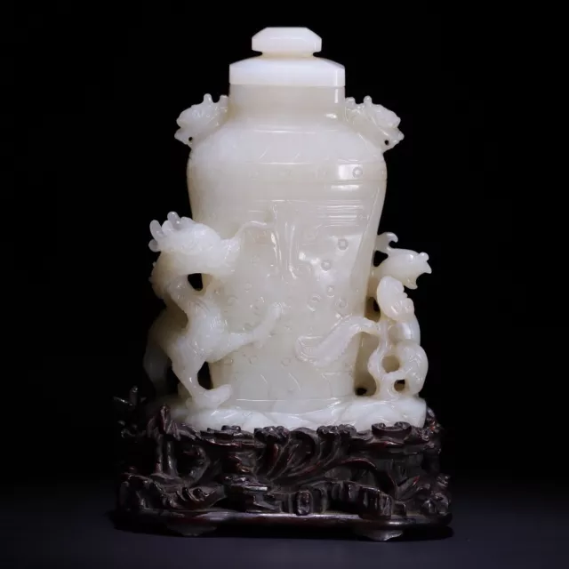 Chinese Exquisite Handmade Dragon Phoenix carving Hetian Jade Bottle Statue