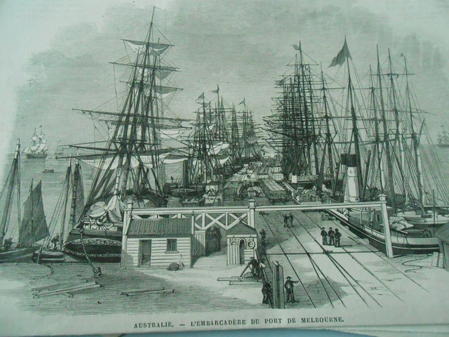 Gravure 1871 - Australie l'embarcadère du port de Melbourne