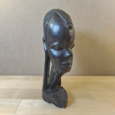 Hand Carved Wood Tribal African Head Female Figure Braids Art Sculpture 2 of 2